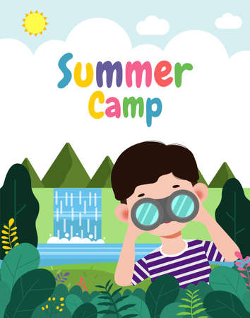 kids summer camp banner template background education for advertising brochure or poster, happy children doing activities on camping, poster flyer your text ,Vector Illustrationのイラスト素材