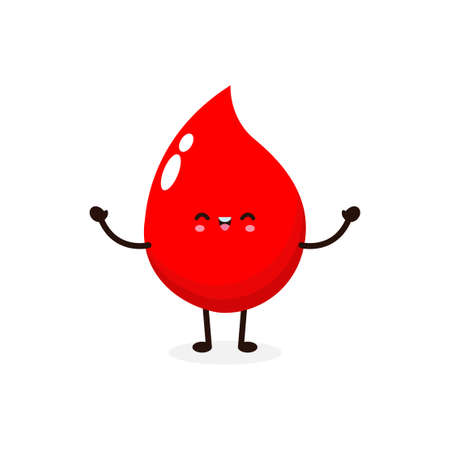 Funny cartoon Cute happy smiling blood drop kawaii, World Blood Donor Day, healthy concept, icon comic character Vector flat design illustration isolated on white backgroundのイラスト素材