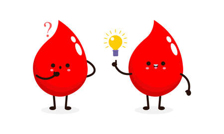 Funny cartoon Cute happy smiling blood drop with question mark and idea, World Blood Donor Day, healthy concept, icon comic character Vector flat design illustration isolated on white backgroundのイラスト素材