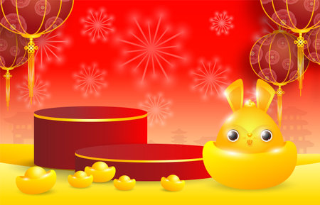 Asian theme product display podium with gold rabbit bunny 3d illustration background Podium round stage podium and paper art Chinese New Year 2023, year of the rabbit zodiac red and goldenのイラスト素材