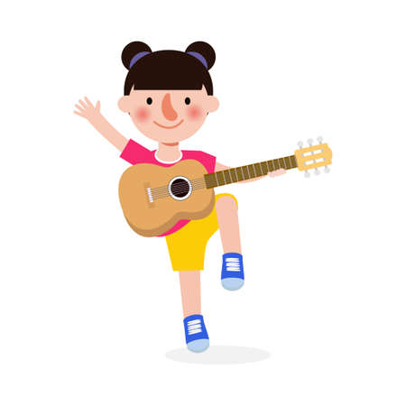 cute kid jumping playing guitar, happy children playing the guitar. Musical performance. isolated vector Illustration on white background. in cartoon flat styleのイラスト素材