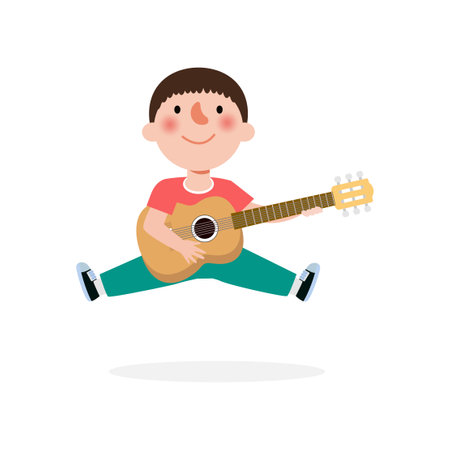 cute kid jumping playing guitar, happy children playing the guitar. Musical performance. isolated vector Illustration on white background. in cartoon flat styleのイラスト素材