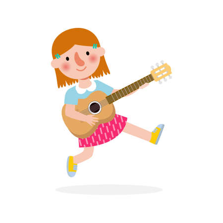cute kid jumping playing guitar, happy children playing the guitar. Musical performance. isolated vector Illustration on white background. in cartoon flat styleのイラスト素材