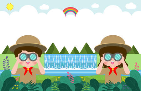 kids summer camp banner template background education for advertising brochure or poster, happy children doing activities on camping, poster flyer your text ,Vector Illustrationのイラスト素材