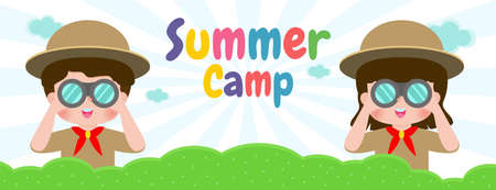 kids summer camp banner template background education for advertising brochure or poster, happy children doing activities on camping, poster flyer your text ,Vector Illustrationのイラスト素材