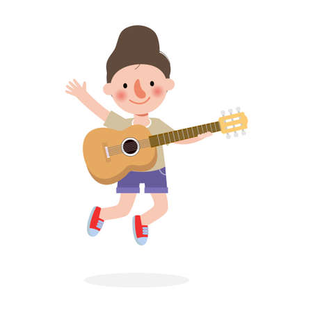 cute kid jumping playing guitar, happy children playing the guitar. Musical performance. isolated vector Illustration on white background. in cartoon flat styleのイラスト素材