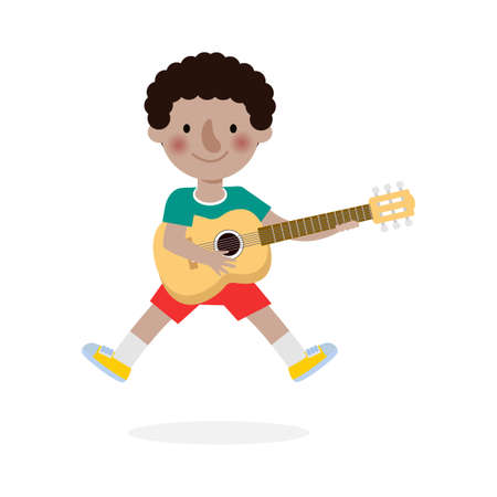 cute kid jumping playing guitar, happy children playing the guitar. Musical performance. isolated vector Illustration on white background. in cartoon flat styleのイラスト素材