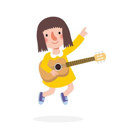 cute kid jumping playing guitar, happy children playing the guitar. Musical performance. isolated vector Illustration on white background. in cartoon flat styleのイラスト素材
