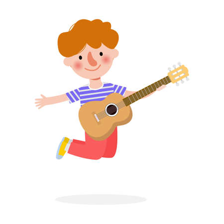 cute kid jumping playing guitar, happy children playing the guitar. Musical performance. isolated vector Illustration on white background. in cartoon flat styleのイラスト素材