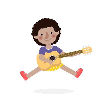cute kid jumping playing guitar, happy children playing the guitar. Musical performance. isolated vector Illustration on white background. in cartoon flat styleのイラスト素材