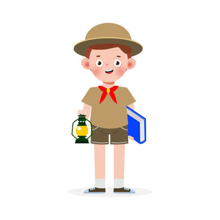 Happy cute little kid wear scout honor uniform, cartoon flat character isolated vector illustration on white backgroundのイラスト素材