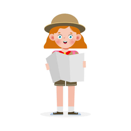 Happy cute little kid wear scout honor uniform, cartoon flat character isolated vector illustration on white backgroundのイラスト素材