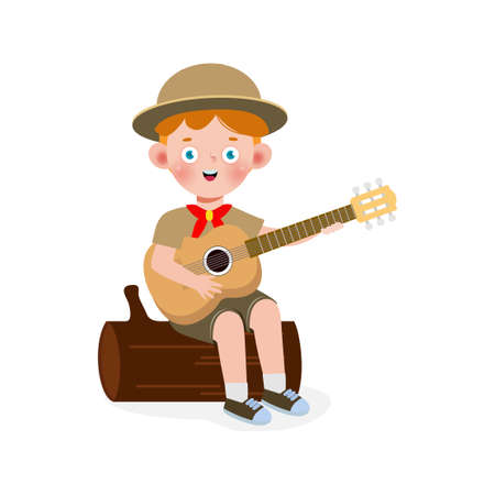 Happy cute little kid wear scout honor uniform, cartoon flat character isolated vector illustration on white backgroundのイラスト素材