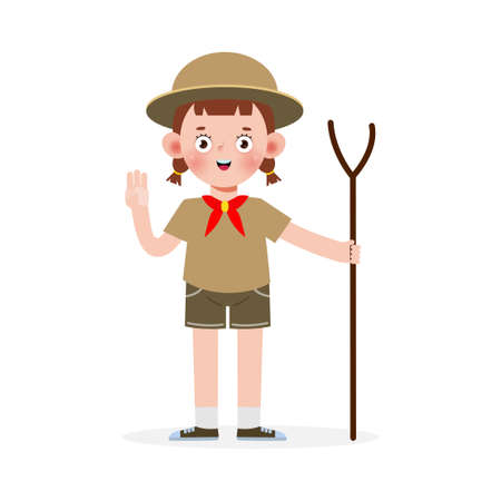 Happy cute little kid wear scout honor uniform, cartoon flat character isolated vector illustration on white backgroundのイラスト素材