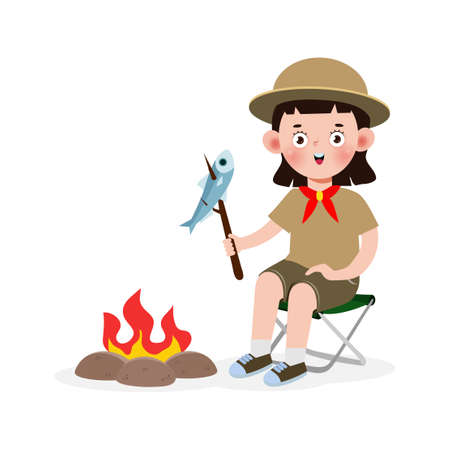 Happy cute little kid wear scout honor uniform, cartoon flat character isolated vector illustration on white backgroundのイラスト素材