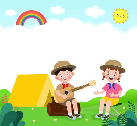 summer camp kids wear scout honor uniform banner template background education for advertising brochure poster, happy children doing activities on camping, flyer your text , flat Vector Illustrationのイラスト素材