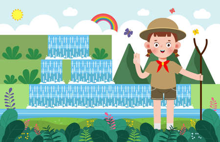 summer camp kids wear scout honor uniform banner template background education for advertising brochure poster, happy children doing activities on camping, flyer your text , flat Vector Illustrationのイラスト素材