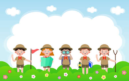 summer camp kids wear scout honor uniform banner template background education for advertising brochure poster, happy children doing activities on camping, flyer your text , flat Vector Illustrationのイラスト素材