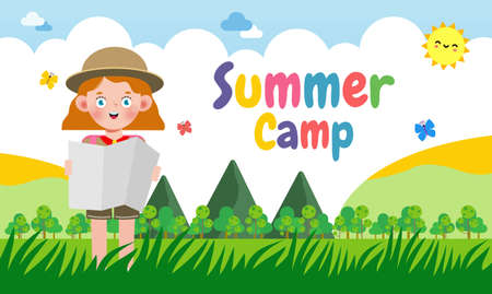 summer camp kids wear scout honor uniform banner template background education for advertising brochure poster, happy children doing activities on camping, flyer your text , flat Vector Illustrationのイラスト素材