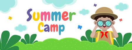 summer camp kids wear scout honor uniform banner template background education for advertising brochure poster, happy children doing activities on camping, flyer your text , flat Vector Illustrationのイラスト素材