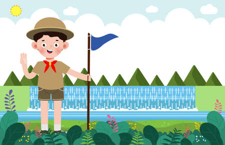 summer camp kids wear scout honor uniform banner template background education for advertising brochure poster, happy children doing activities on camping, flyer your text , flat Vector Illustrationのイラスト素材