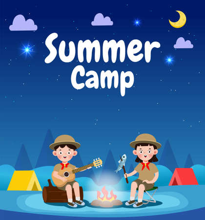 summer camp kids wear scout honor uniform banner template background education for advertising brochure poster, happy children doing activities on camping, flyer your text , flat Vector Illustration