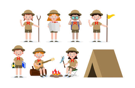 Set Of Cute Little Kids Wear Scout honor uniform, Boy Scouts playing guitar around the campfire, Children Girl Scouts Roasting Fish on campfire, camping tent  isolated on white backgroundのイラスト素材