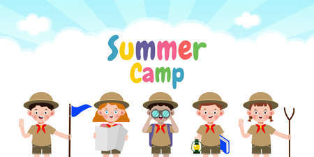 summer camp kids wear scout honor uniform banner template background education for advertising brochure poster, happy children doing activities on camping, flyer your text , flat Vector Illustrationのイラスト素材