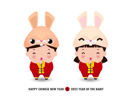 Happy Chinese new year 2023 banner template year of the rabbit zodiac with two little kids greeting gong xi fa cai, brochure, calendar background vector design, Translation happy new yearのイラスト素材