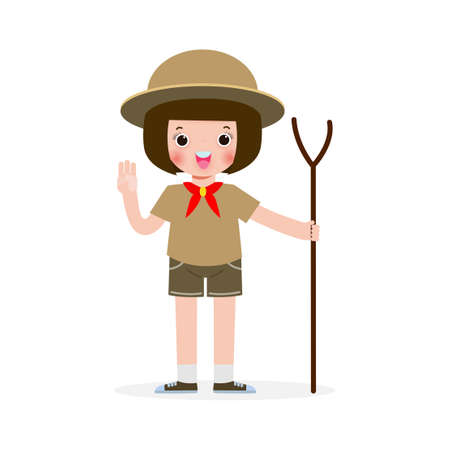 Happy cute little kid wear scout honor uniform, children girl scout cartoon flat character isolated vector illustration on white backgroundのイラスト素材