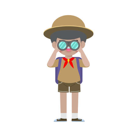 Happy cute little kid wear scout honor uniform, children girl scout cartoon flat character isolated vector illustration on white backgroundのイラスト素材