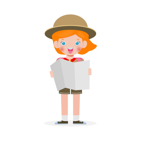 Happy cute little kid wear scout honor uniform, children girl scout cartoon flat character isolated vector illustration on white backgroundのイラスト素材