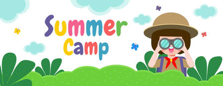 summer camp banner template background kids wear scout honor uniform, education for advertising brochure poster, happy children doing activities on camping, flyer your text , flat Vector Illustrationのイラスト素材