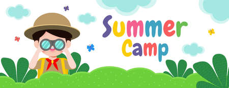 summer camp banner template background kids wear scout honor uniform, education for advertising brochure poster, happy children doing activities on camping, flyer your text , flat Vector Illustrationのイラスト素材