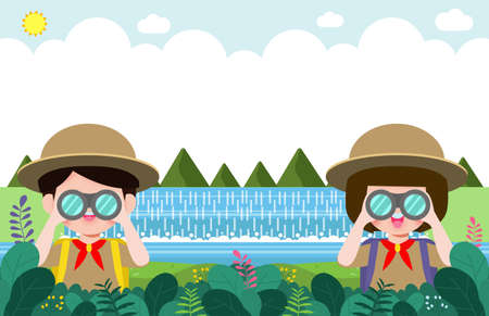 summer camp banner template background kids wear scout honor uniform, education for advertising brochure poster, happy children doing activities on camping, flyer your text , flat Vector Illustrationのイラスト素材