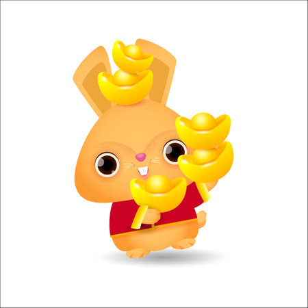 Happy Chinese new year 2023 greeting card, Cute Little rabbit holding chinese gold Ingots, year of the rabbit zodiac, Little bunny gong xi fa cai, Cartoon isolated white background vector illustrationのイラスト素材