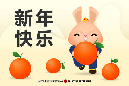 Happy Chinese New Year 2023 greeting card the year of the rabbit, Little rabbit bunny holding mandarin orange, Cartoon poster isolated vector illustration Background, Translation Chinese New Yearのイラスト素材