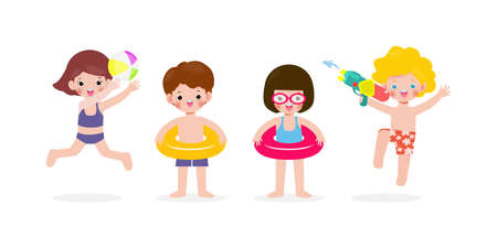 Set Of Cute Kids cartoon Pool party characters, Multiracial children wearing swimming suits and rings, water gun have fun in pool isolated on white background Vector illustrationのイラスト素材
