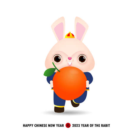 Happy Chinese new year 2023 greeting card, Cute Little rabbit holding mandarin orange, year of the rabbit zodiac, gong xi fa cai, Cartoon isolated background vector illustration Translation rabbitのイラスト素材