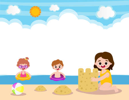 Hello summer banner template of Cute kids on the beach. children cartoon isolated background vector illustrationのイラスト素材