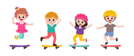 Cartoon Vector Illustration Set Of Cute Kids Playing Skateboard isolated on white backgroundのイラスト素材