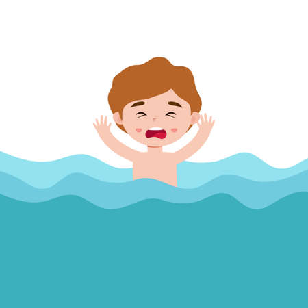 Cute kid drowning in water, is shocked. children raising hand up for needing help isolated on background cartoon flat vector illustrationのイラスト素材