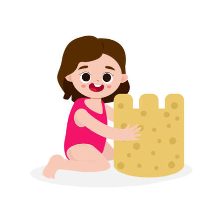 Cartoon Vector Illustration kids build sandcastle isolated on white backgroundのイラスト素材