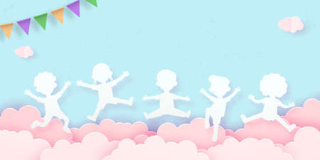 Happy children jumping greeting card in paper cut style with group of kids background poster for advertising brochure banner Template ready for use in web or print design isolated vector illustrationのイラスト素材