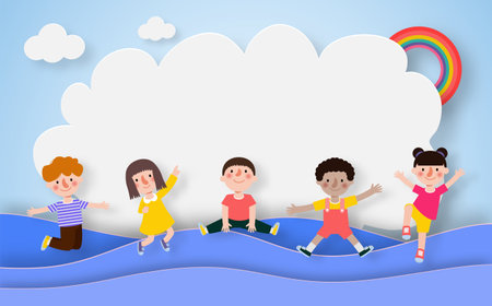 Happy children jumping greeting card in paper cut style with group of kids background poster for advertising brochure banner Template ready for use in web or print design isolated vector illustrationのイラスト素材
