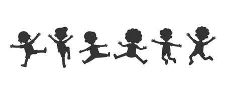 Group of black children silhouette playing jumping, kids silhouettes dancing, child silhouettes jumping on white background Vector illustrationのイラスト素材