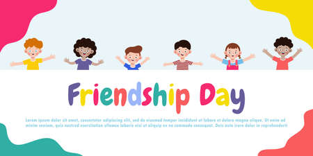 Happy friendship day greeting card with diverse friends group of kids background poster Template for advertising brochure banner vector illustrationのイラスト素材