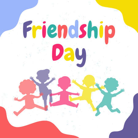 Happy friendship day greeting card with diverse friends Group of black children silhouette jumping on background poster Template for advertising brochure banner vector illustrationのイラスト素材