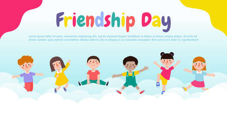 Happy friendship day greeting card with diverse friends group of kids background poster Template for advertising brochure banner vector illustrationのイラスト素材