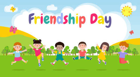 Happy friendship day greeting card with diverse friends group of kids background poster Template for advertising brochure banner vector illustrationのイラスト素材
